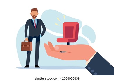 Job offer. Career growth. Businessman in suit looking for work in company, huge hand hold armchair, hiring employee in office, development opportunities, vector isolated concept