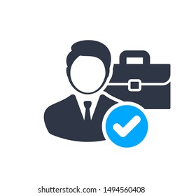 Job offer concept. briefcase. Management. Headhunting icon with check sign, approved, confirm, done, tick, completed symbol
