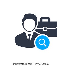 Job offer concept. briefcase. Management. Headhunting icon with research sign, explore, find, inspect symbol