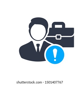 Job offer concept. briefcase. Management. Headhunting icon with exclamation mark, alert, error, alarm, danger symbol
