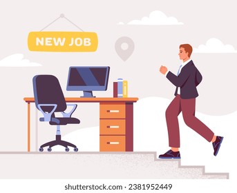 Job offer concept. Man go to table with computer. Recruitment and hiring, headhunting. Young guy go to workplace. Employee and worker. Poster or banner. Cartoon flat vector illustration