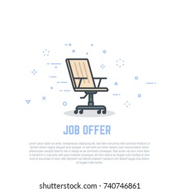 Job offer concept. Vacant employee. Linear chair with wheels. Retro colors and shadows. Flat style line modern vector illustration. Template for banner, jon interview and hiring process.