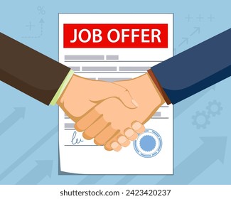 Job offer contract. Handshake between employee and manager. Stock vector illustration