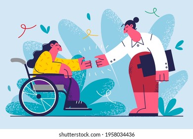 Job offer for disabled people concept. Woman with disabilities Sitting in Wheelchair shaking hands with Female Employer after work Interview vector Illustration