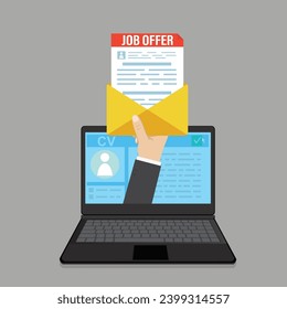 Job offer document in big yellow envelope. Hand from laptop gives work contract. Recruitment process. Company hiring. Important notice. Job invitation letter after interview. Flat vector illustration