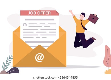 Documento de oferta de trabajo en un sobre amarillo enorme. Feliz trabajador caucásico con maletín. Contratación de personal nuevo. Carta de invitación al trabajo después de la entrevista. Contratación, contrato de trabajo, acuerdo. vector plano