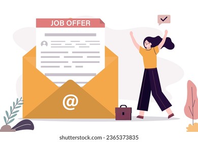 Job offer document in huge yellow envelope. Happy caucasian female employee. Hiring new staff. Email with job invitation, letter after interview. Recruitment, work contract, agreement. flat vector