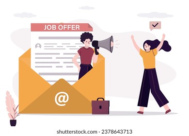 Documento de oferta de trabajo en sobre amarillo. su agente utiliza megáfono para contratar personal nuevo. Feliz búsqueda de empleo femenino. Contratación de personal. Correo electrónico con invitación al trabajo, carta tras entrevista. Contratación, contrato