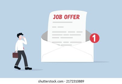 Job offer email, company providing career opportunity for eye-catching person, online job vacancy notification concept. Businessman looking at opened job offer email.