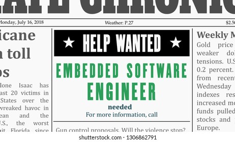 Job offer - embedded software engineer. IT career newspaper classified ad in fake generic newspaper.