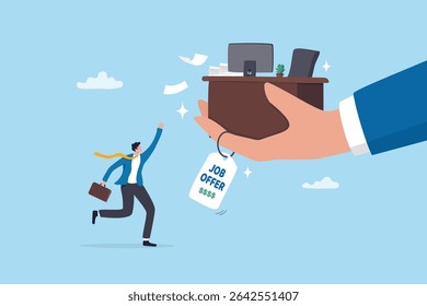 Oferta de emprego do empregador, contrato de trabalho ou entrevista de recrutamento de carreira, oportunidade de carreira de oferta de recursos humanos do RH, vaga de emprego ou ingresso de talento, mão do empregador oferecer novo emprego ao candidato vencedor.