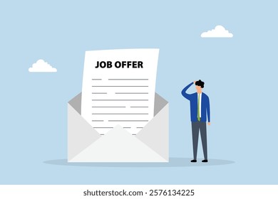 Job offer, entrepreneur applicant considering to accept employment proposal email envelope. 
