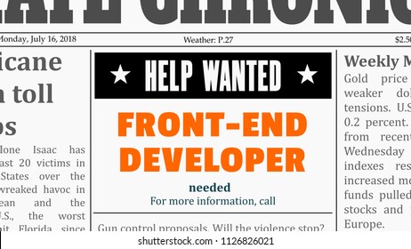 Job offer - front-end developer. IT career newspaper classified ad in fake generic newspaper.