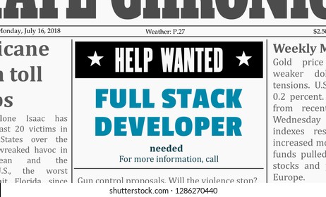 Job Offer - Full Stack Developer. IT Career Newspaper Classified Ad In Fake Generic Newspaper.