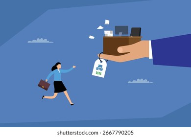 Job Offer: A Giant Hand Dangles an Office Desk with a "Job Offer" Tag in Front of a Woman, Symbolizing a Tempting Job Opportunity and the Pursuit of a Career 2d flat vector illustration