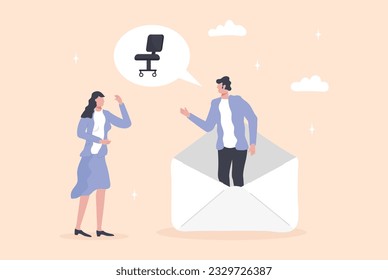 Job offer, human resources. HR offers new job, higher salary fot employee. Idea of employment and job interview. We are hiring sign. Recruitment manager searching.