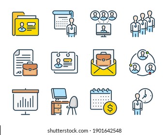 Job offer and Human resources related vector line color icons. Job interview and Head hunting outline colorful icon set.