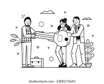 Job offer illustration with managers welcoming new employee. Welcome aboard hiring concept. Happy young professional getting company key and new work opportunity line art scene.