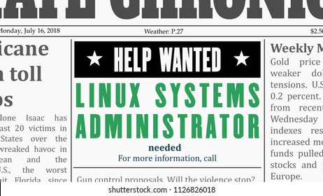 Job Offer - Linux Systems Administrator. IT Career Newspaper Classified Ad In Fake Generic Newspaper.