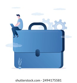 Job offer for male manager. Leadership, business vision. Confident businessman working with laptop on briefcase. Work experience, expertise or professional employee, specialist skills, employment.