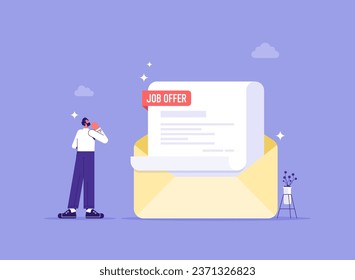 Job offer or job opportunity to be promoted or new position for higher salary, employment and recruitment concept, man employee with receiving mail with job offer