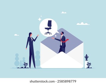 Job offer or job opportunity to be promoted or new position for higher salary concept, employment and recruitment, businesswoman candidate thinking to accept job offer email envelope