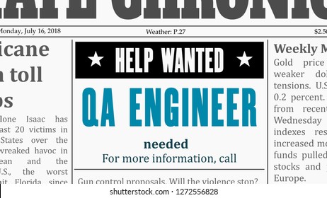 Job offer - QA engineer. IT career newspaper classified ad in fake generic newspaper.
