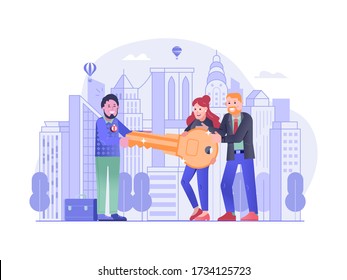 Job Offer Relocation Illustration With Managers Welcoming New Employee. Welcome Aboard Hiring Concept. Happy Young Professional Getting Company Key And Work Opportunity In New York City Background.