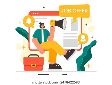 Job Offer Vector Illustration featuring a Businessman, Recruitment Search, Career Start, and Company Vacancy in a Flat Style Cartoon Background