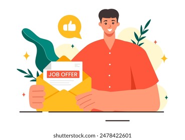 Job Offer Vector Illustration featuring a Businessman, Recruitment Search, Career Start, and Company Vacancy in a Flat Style Cartoon Background