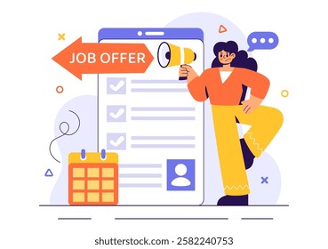 Job Offer Vector Illustration featuring a Businessman, Recruitment Process, Career Opportunities, and Company Vacancy in a Flat Style Background