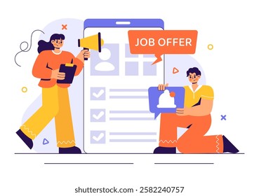Job Offer Vector Illustration featuring a Businessman, Recruitment Process, Career Opportunities, and Company Vacancy in a Flat Style Background