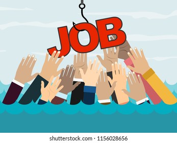 Job on a hook. Hands reaching out to get job on the fish hook. Deception, a trap on the hook. Illustration in flat style.