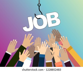 Job on a hook. Hands reaching out to get job on the fish hook. Deception, a trap on the hook. Illustration in flat style.