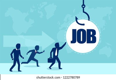 Job on a hook. Vector of business people running to get a job on the fish hook. Deception in corporate company concept.