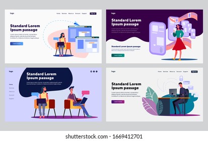 Job on Internet set. Blogger using app, online chat, hacker stealing data. Flat vector illustrations. Social media network, communication concept for banner, website design or landing web page