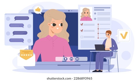 Job online interview, virtual introduction with employee. Digital resume and video communication, career web data. Recruitment snugly vector scene