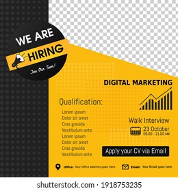 Job opening digital marketing design for companies. Square social media post layout on blue color. We are hiring banner, poster, background template