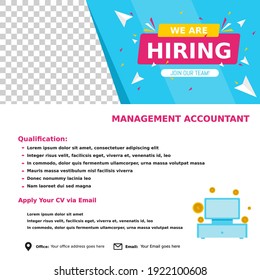 Job opening management accountant for companies. Square social media post layout. We are hiring banner, poster, background template