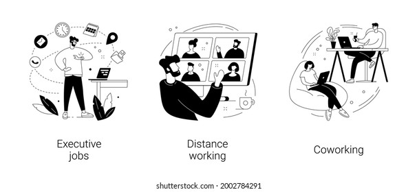 Job opportunity abstract concept vector illustration set. Executive jobs, distance working, coworking, professional growth, online team meeting, shared office space, collaboration abstract metaphor.