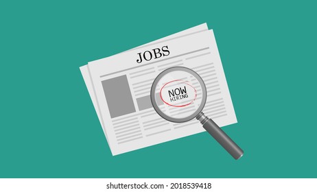 Job Opportunity Classified Ad On Newspaper With Magnifying Glass. Searching Job Vacancies On Newspaper With Magnifying Glass. Now Hiring, Job Available Column. Red Circle Marks Available Job Column.