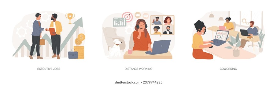 Juego de ilustraciones vectoriales de concepto aislado de oportunidad de trabajo. Empleos ejecutivos, trabajo a distancia, coworking, crecimiento profesional, reunión de equipos en línea, espacio de oficinas compartido, concepto de vector de colaboración.