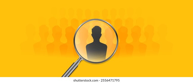 job opportunity, we are hiring banner template with magnify glass with crowd for looking at best candidate for offer in the job in yellow background 