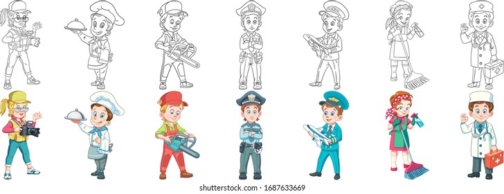 Job people. Cartoon clipart set for kids activity coloring book, t shirt print, icon, logo, label, patch or sticker. Vector illustration.