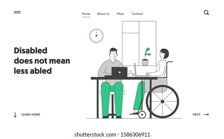 Job for People with Physical Disability Website Landing Page. Disabled Young Woman in Wheelchair Working in Office with Healthy Colleague Web Page Banner. Cartoon Flat Vector Illustration, Line Art