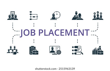 Job Placement icon set. Monochrome simple Job Placement icon collection. Staff, Workflow, Person Hour, Job Interview, Candidate, Staff Selection, Job Contract, Personal Website, Skills Analysis