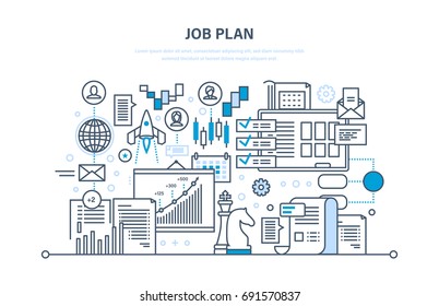 Job plan concept. Time management and optimization work time, planning, marketing, control, organization. Financial and business strategy. Illustration thin line design of vector doodles