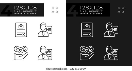 La posición del trabajo beneficia a los iconos lineales perfectos de píxeles definidos para el modo oscuro y claro. Administrador de recursos humanos. Firmar contrato. Símbolos delgados para la noche, tema del día. Ilustraciones aisladas. Trazo editable