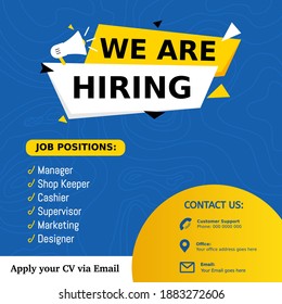 Job positions manager, shop keeper, cashier, supervisor, marketing for job vacancy design. We are hiring post feed on square design. Open recruitment design template. Social media find a job layout svg