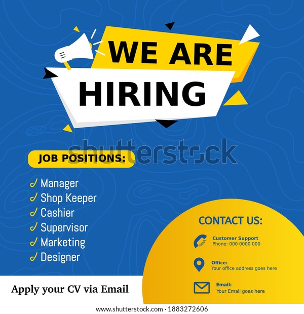 Job positions manager, shop keeper, cashier,\
supervisor, marketing for job vacancy design. We are hiring post\
feed on square design. Open recruitment design template. Social\
media find a job layout